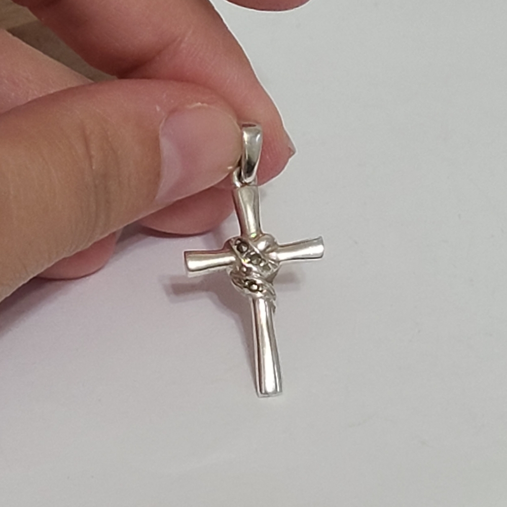 Vintage Boho Marcasite Crystal Sterling Silver Cross Pendant